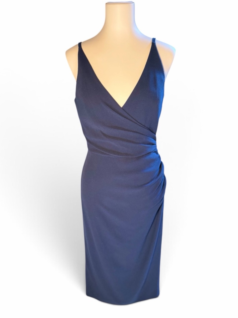 Dress the Population Navy Ruched Bodycon Midi Dress V Neck Wedding Guest M